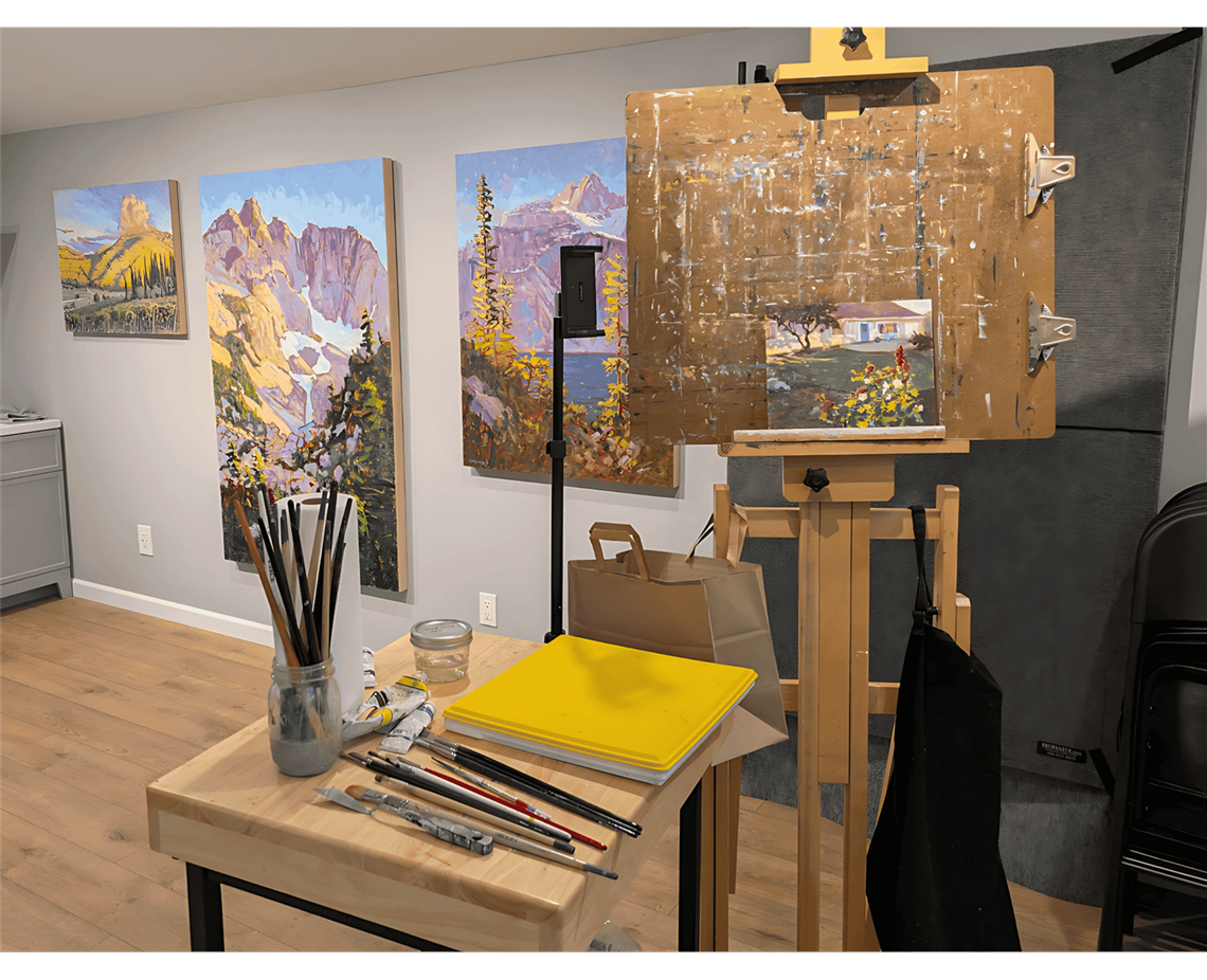 Art Studio with paintings desk and easel