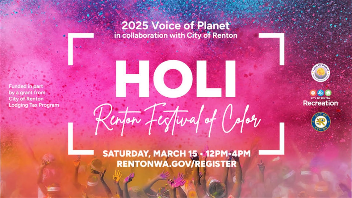 Colorful graphic with text about upcoming Holi Renton Festival of Color event